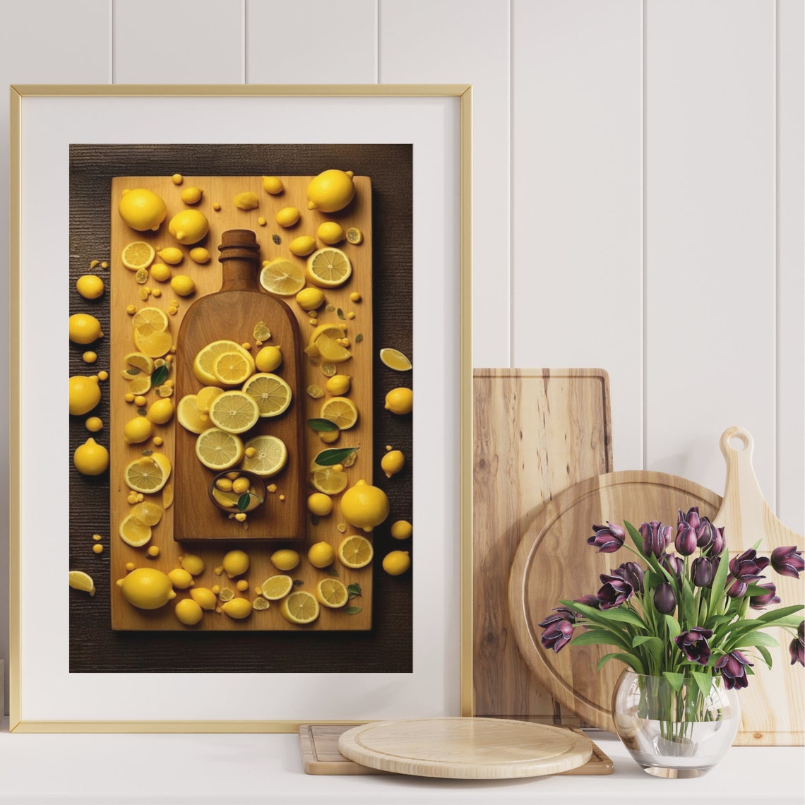 Lemons Overhead Flat Lay Wooden Bottle Board Cheerful Citrus Poster - Image 4
