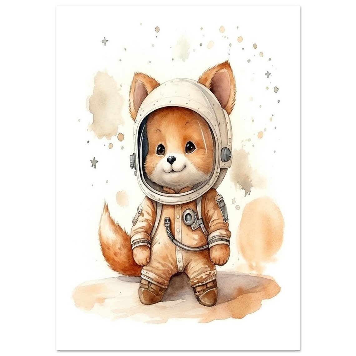 Cute Baby Red Fox Astronaut Watercolor Outer Space Nursery Poster - Image 2