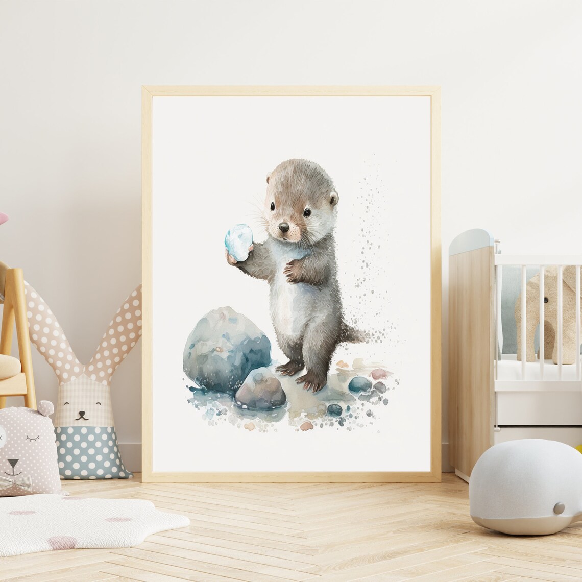 Baby Otter Holding Stone Standing On Rocks Watercolor Nursery Poster