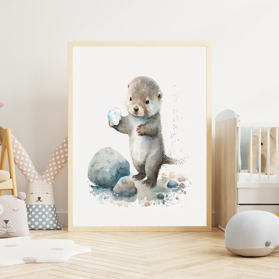 Baby Otter Holding Stone Standing On Rocks Watercolor Nursery Poster