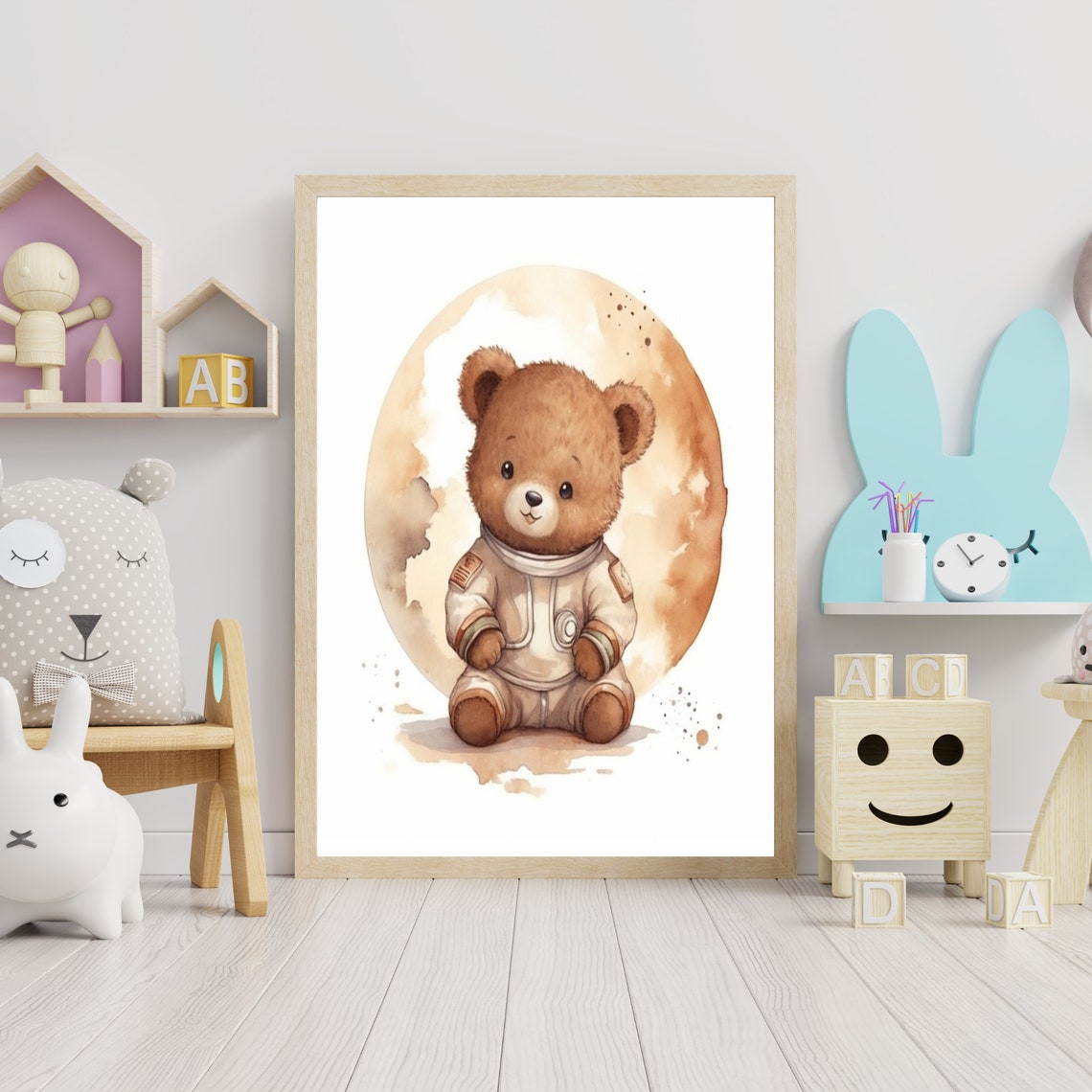 Teddy Bear Astronaut Watercolour Cute Kids Room Nursery Poster - Image 3