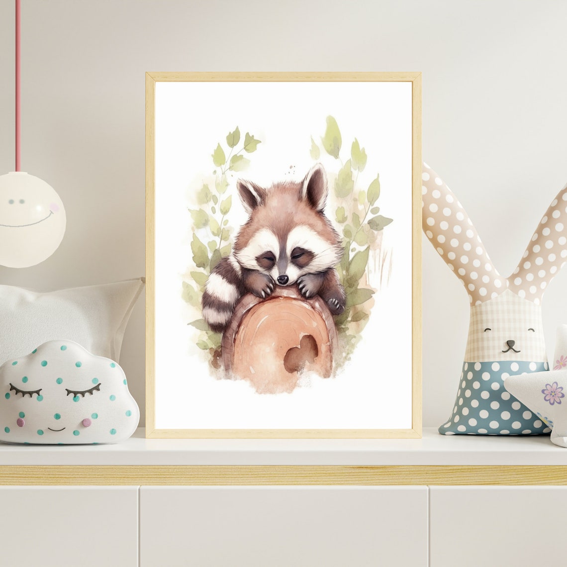 Sleeping Baby Raccoon on Branch Watercolor Nursery Art Poster - Image 4