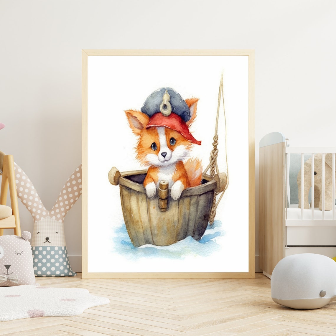 Baby Fox Sailor in Wooden Bucket Watercolor Nursery Art Poster