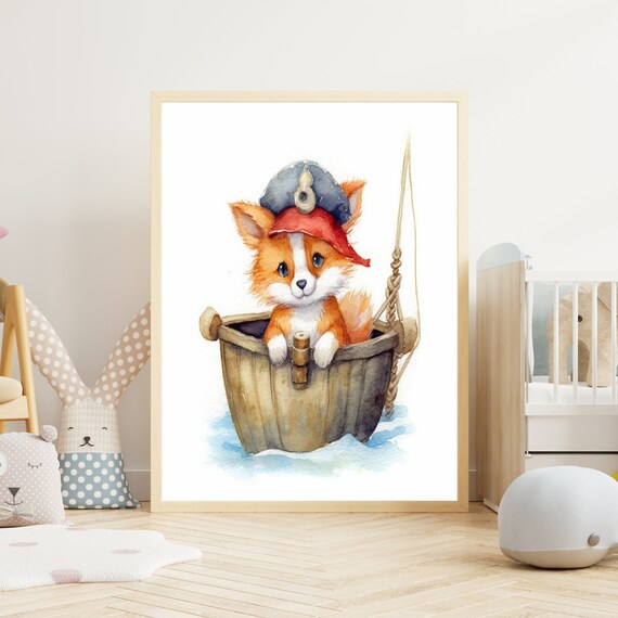 Baby Fox Sailor in Wooden Bucket Watercolor Nursery Art Poster