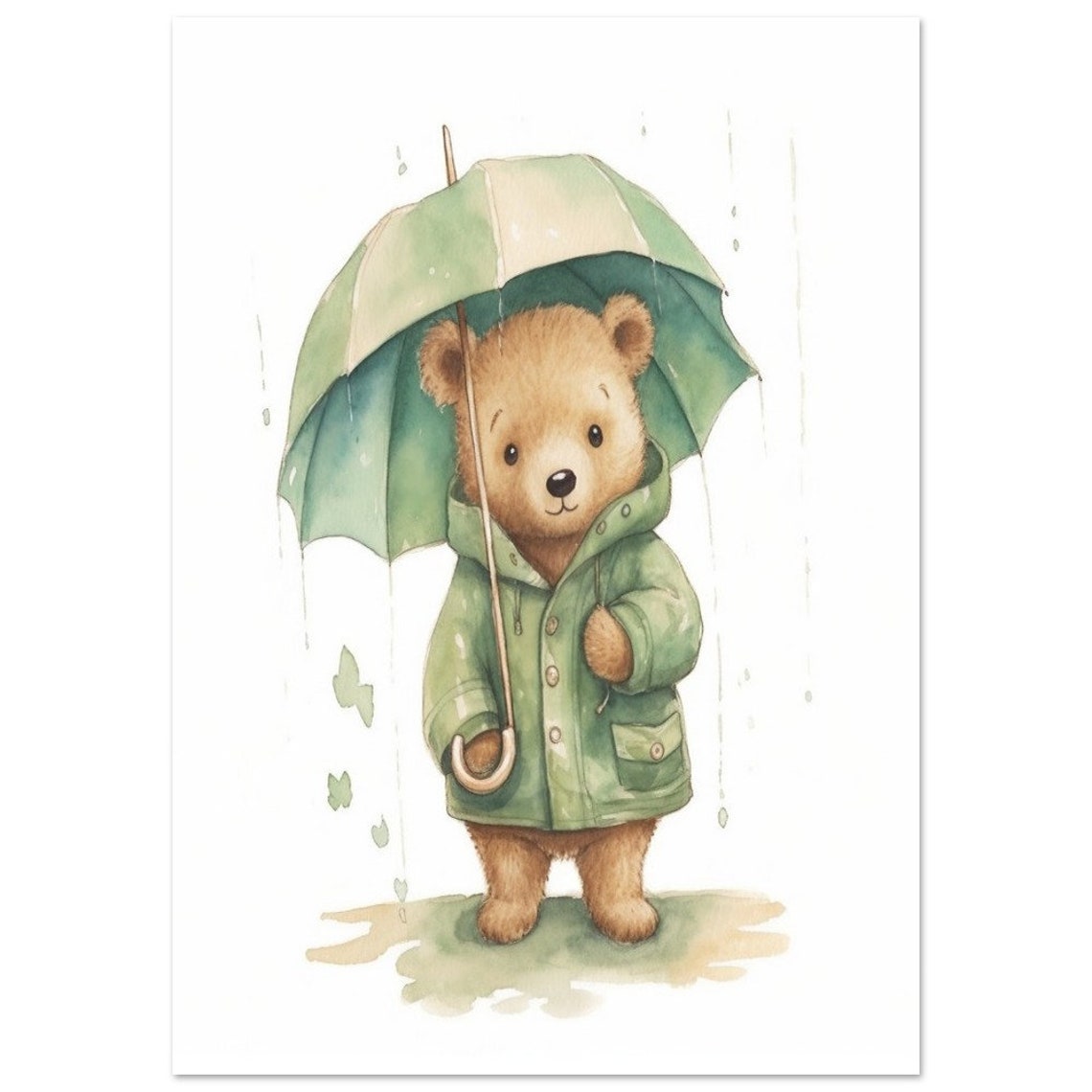 Teddy Bear in Green Raincoat with Umbrella Nursery Art Poster - Image 2