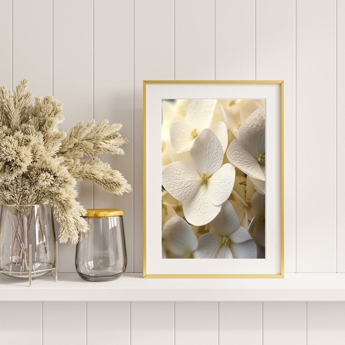 White Hydrangea Blossom Macro Botanical Photography Wall Art - Image 4