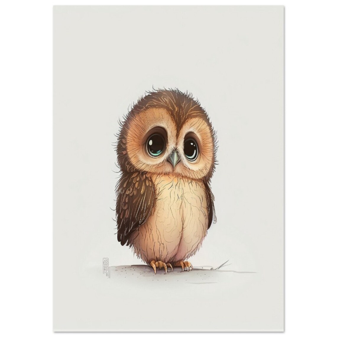 Adorable Baby Owl With Big Green Eyes Watercolor Nursery Poster - Image 2