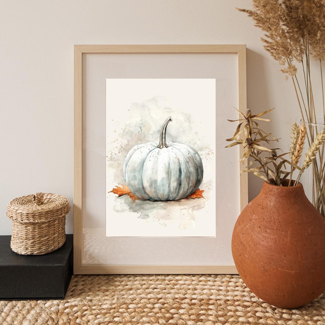 White Pumpkin With Fall Leaves Watercolour Autumn Harvest Poster - Image 3