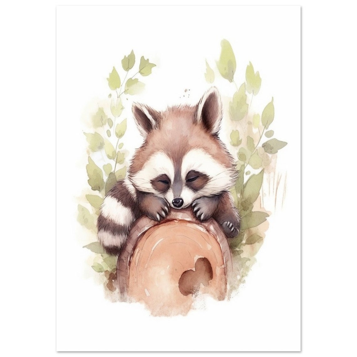 Sleeping Baby Raccoon on Branch Watercolor Nursery Art Poster - Image 2