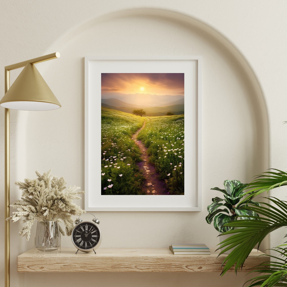 Sunlit Wildflower Meadow Path At Sunrise With Mountains Poster - Image 3