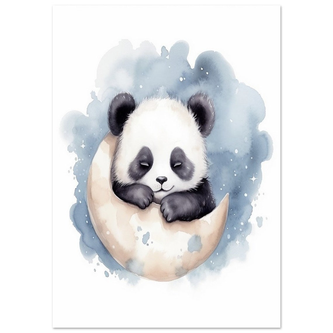 Sleeping Baby Panda Bear On Crescent Moon Watercolor Nursery Poster - Image 2