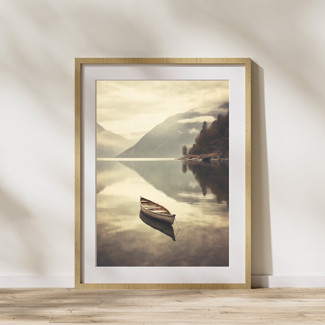 Serene Wooden Canoe On Calm Mountain Lake Morning Mist Poster
