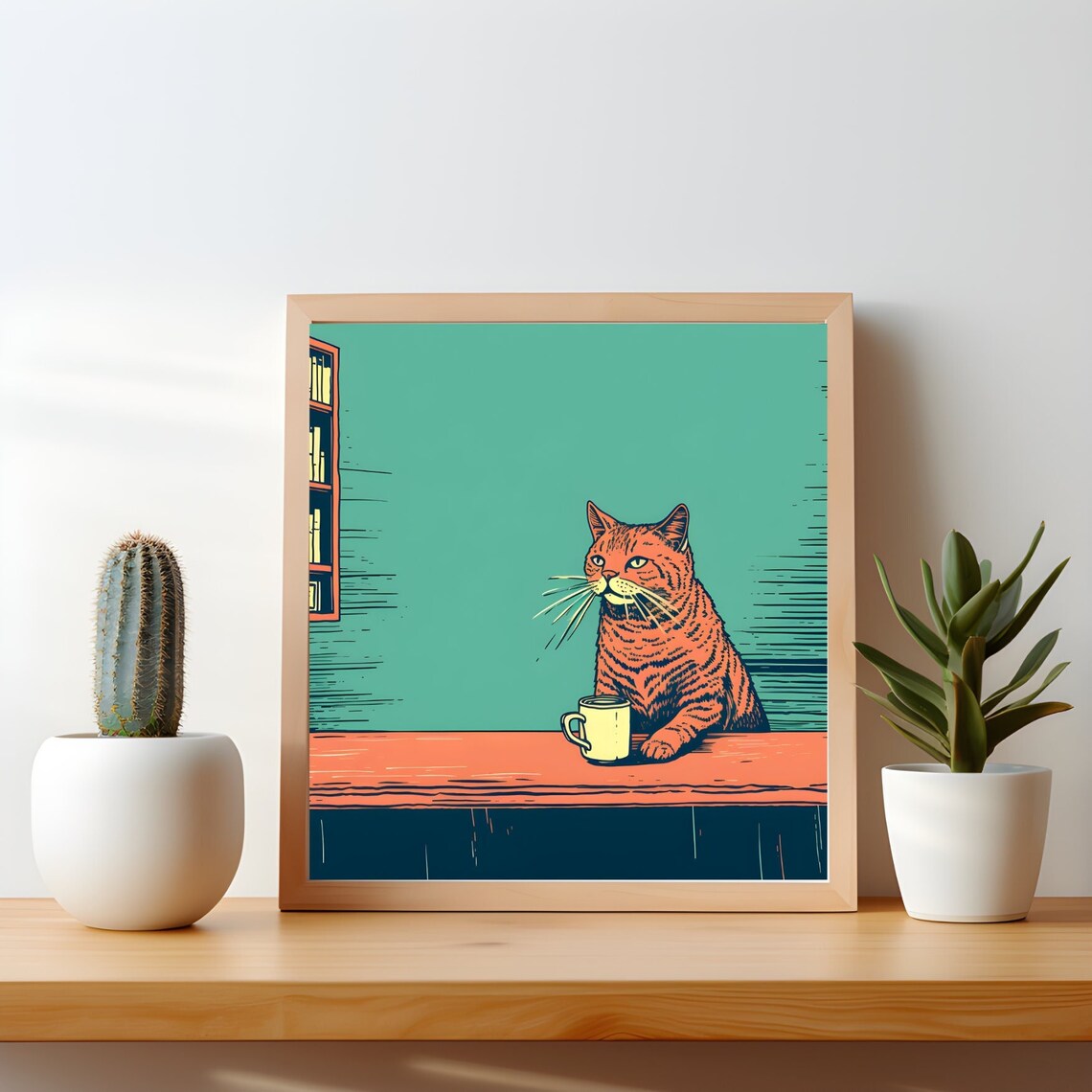 Orange Cat Coffee Print Funny Ginger Kitchen Wall Art Quirky Bar Decor Tabby Illustration Lover Gift