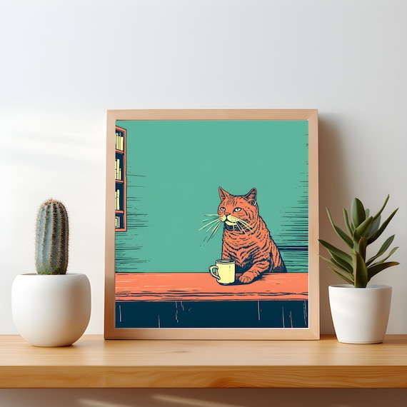 Orange Tabby Cat With Coffee Cup Retro Duotone Kitchen Poster
