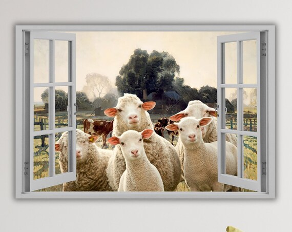 Sheep and Lambs Looking Through Open Window 3D Farm Animal Poster