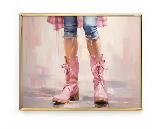 Cowgirl In Pink Boots Howdy Print Country Farm Watercolor Preppy Painting Poster Boho Wall Art Decor Girly Teen Room Prints Framed Canvas
