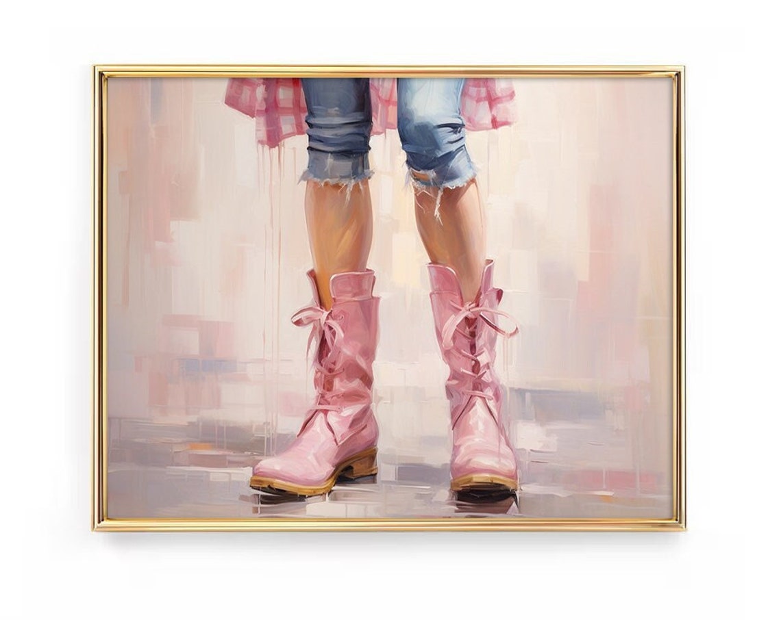 Cowgirl In Pink Boots Howdy Print Country Farm Watercolor Preppy Painting Poster Boho Wall Art Decor Girly Teen Room Prints Framed Canvas