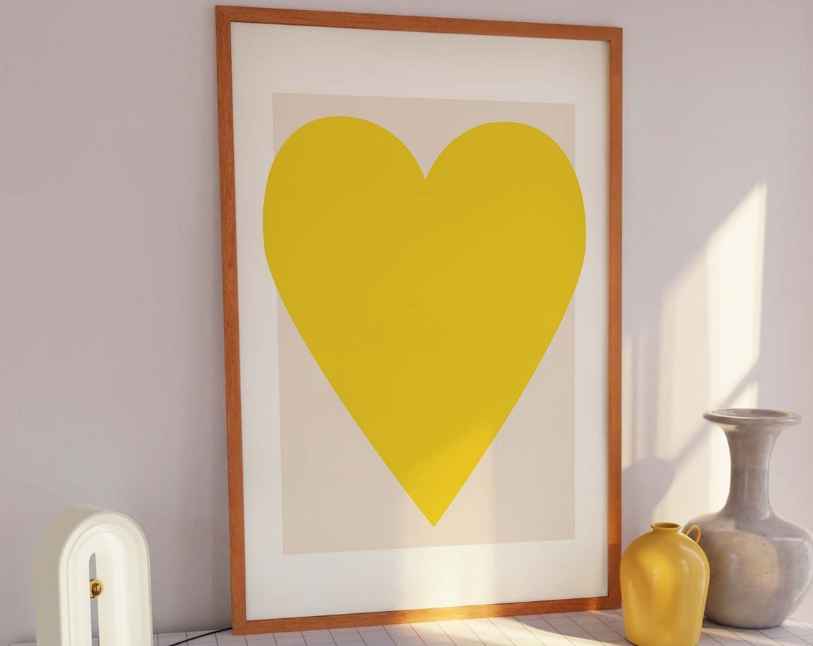 Bold Yellow Heart Minimalist Love Poster Modern Abstract Wall Decor