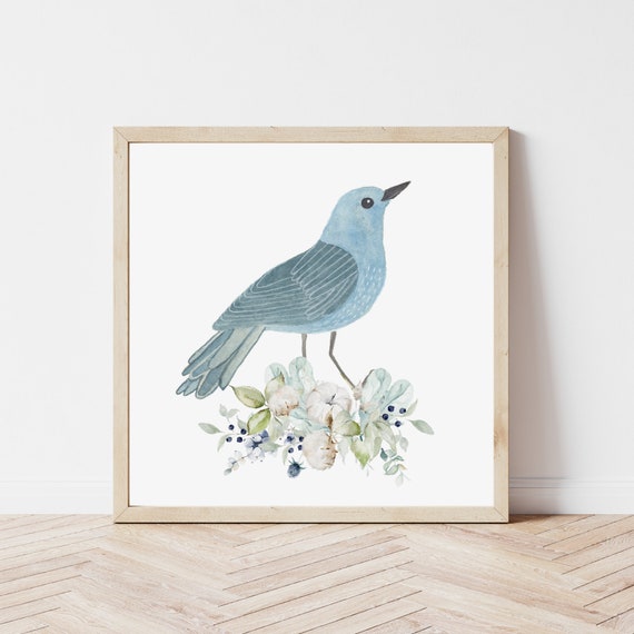 Watercolor Bird Art Norwegian Folk Print Cotton Painting Botanical Flowers Square Original Artwork Scandinavian