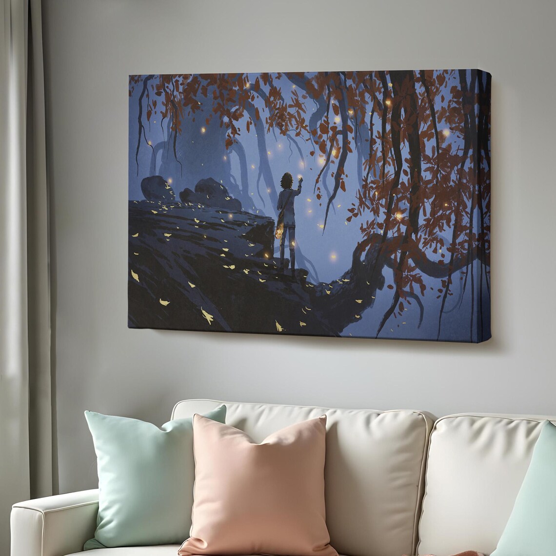 Girl On Giant Tree Branch Twilight Falling Leaves Fantasy Art Print