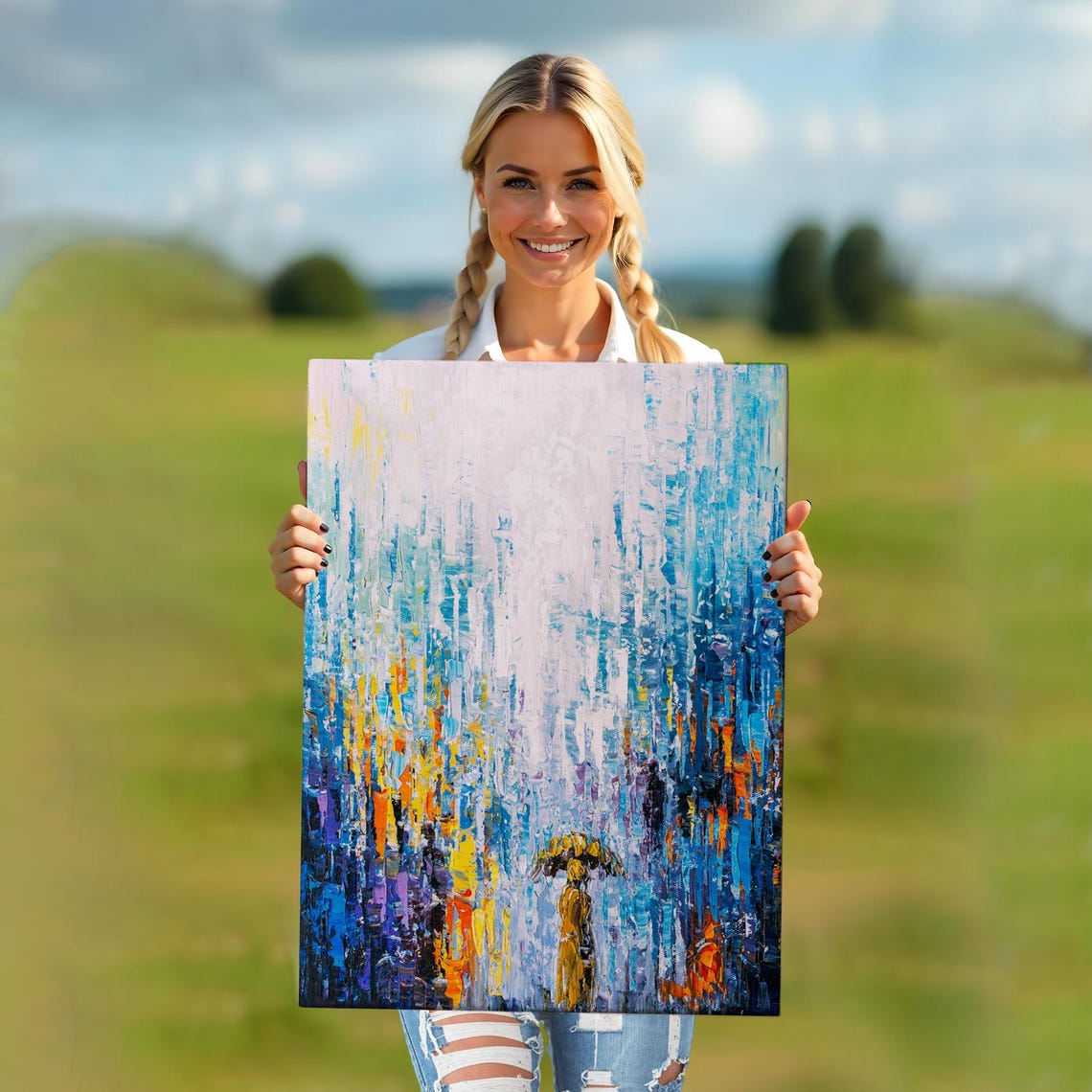 Abstract Rainy Day Blue Rain Streaks Umbrella Figure Painting Poster - Image 5
