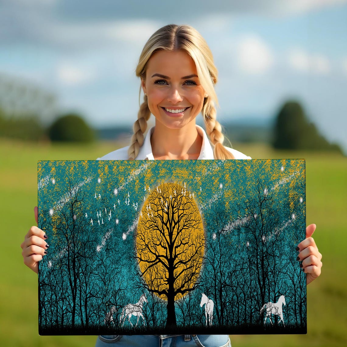 White Horses in Moonlit Forest Golden Full Moon Night Trees Art Poster - Image 5