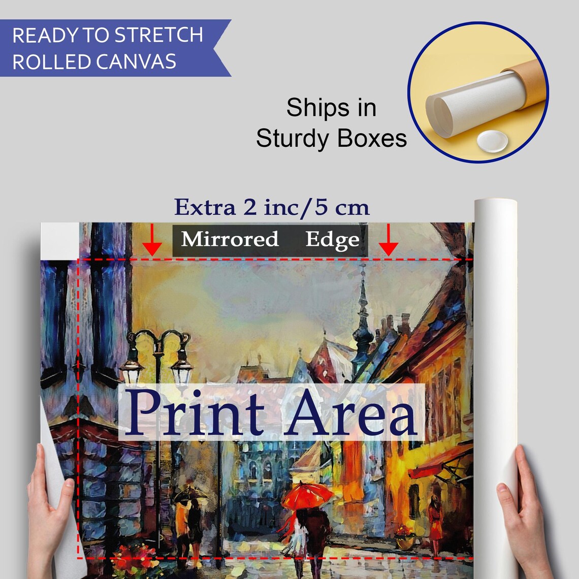 Old European Town Street Rainy Day Red Umbrella Oil Painting Poster - Image 4