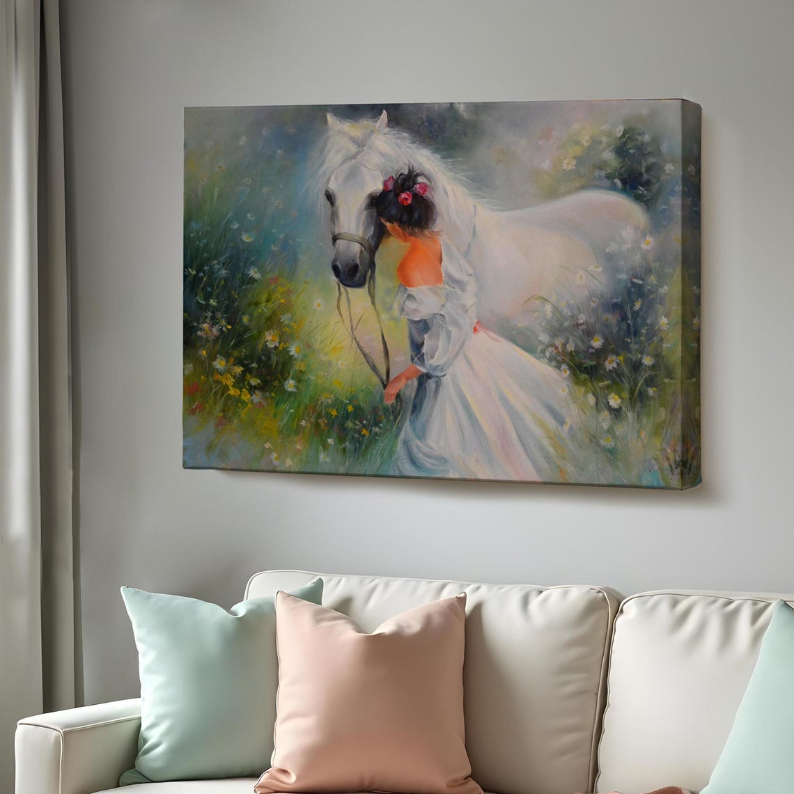 Girl With White Horse Wildflower Meadow Dreamy Oil Painting Poster