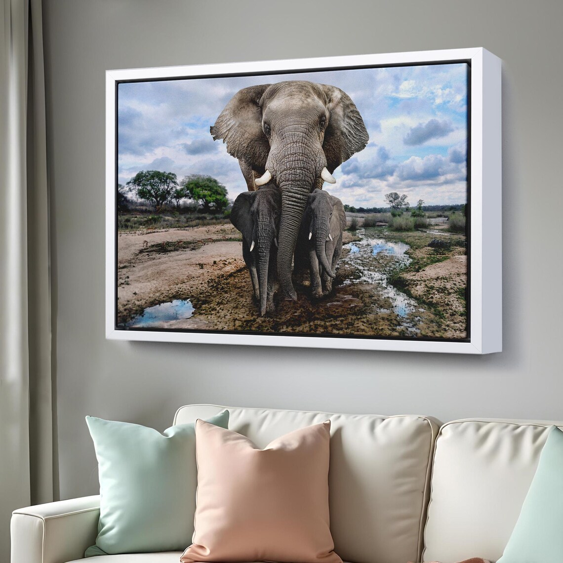 Mother Elephant With Two Calves Walking Safari Waterhole Photo Poster - Image 3