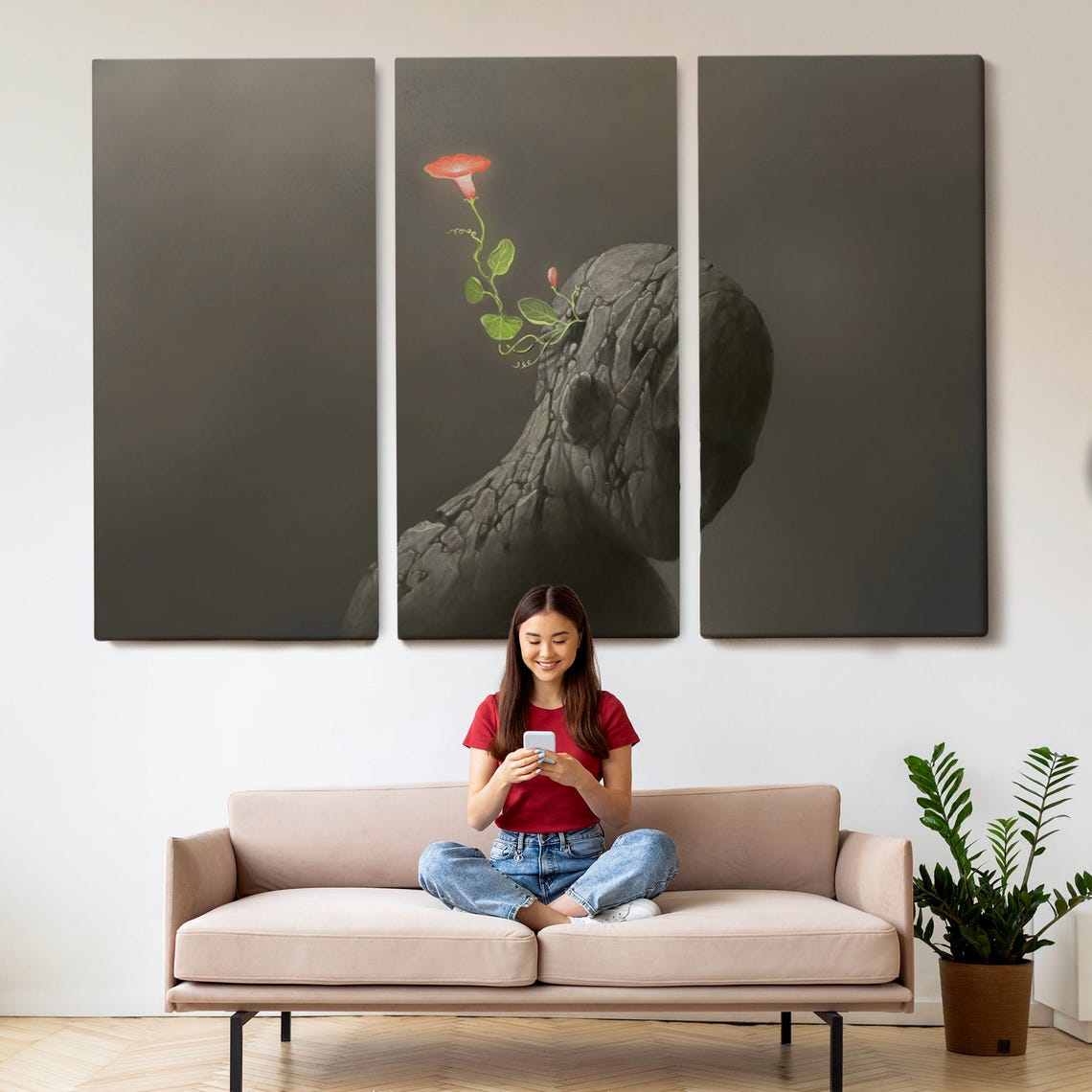 Cracked Stone Head Red Flower Surreal Conceptual Fine Art Wall Poster - Image 2