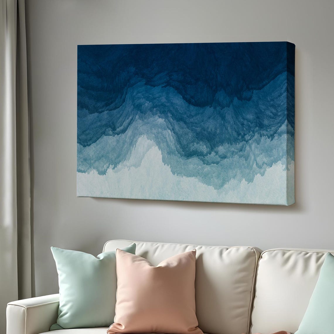 Blue Watercolor Ocean Waves Gradient Relaxing Coastal Art Poster