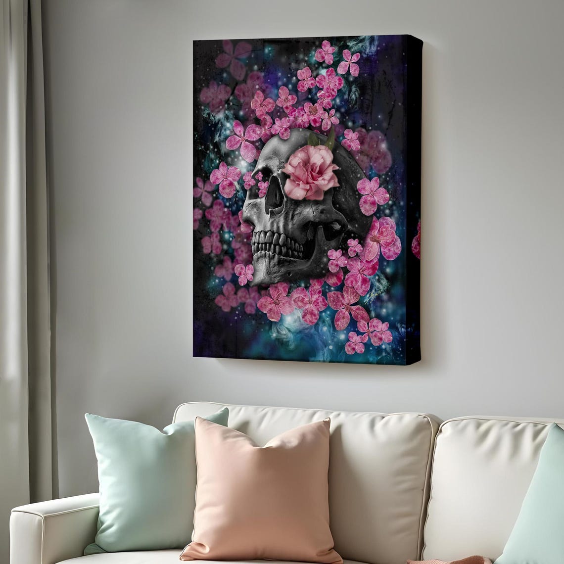 Black Skull With Pink Flowers Dark Botanical Surreal Gothic Wall Art