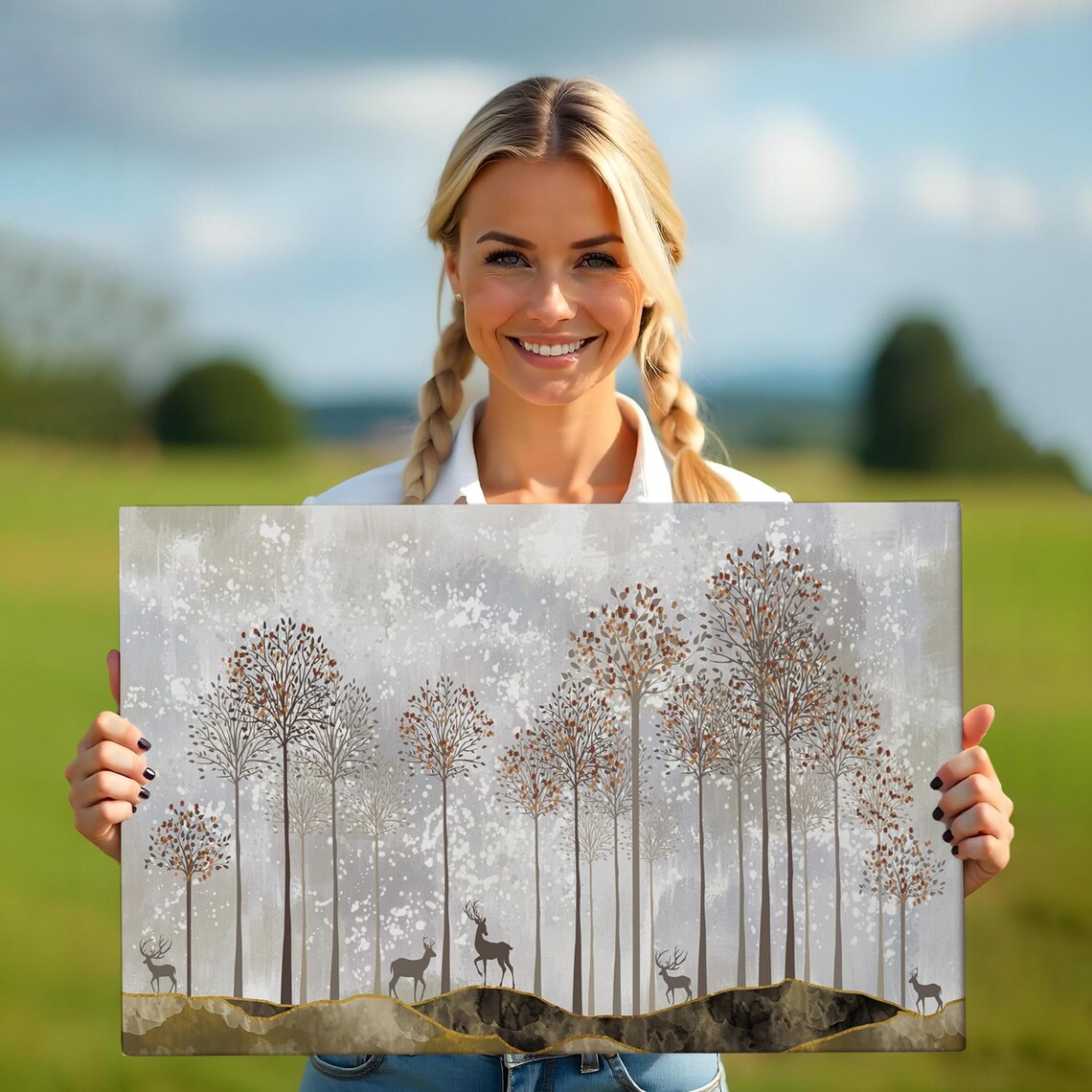 Deer Silhouettes Slender Trees Neutral Tones Modern Wildlife Wall Art Print - Image 5
