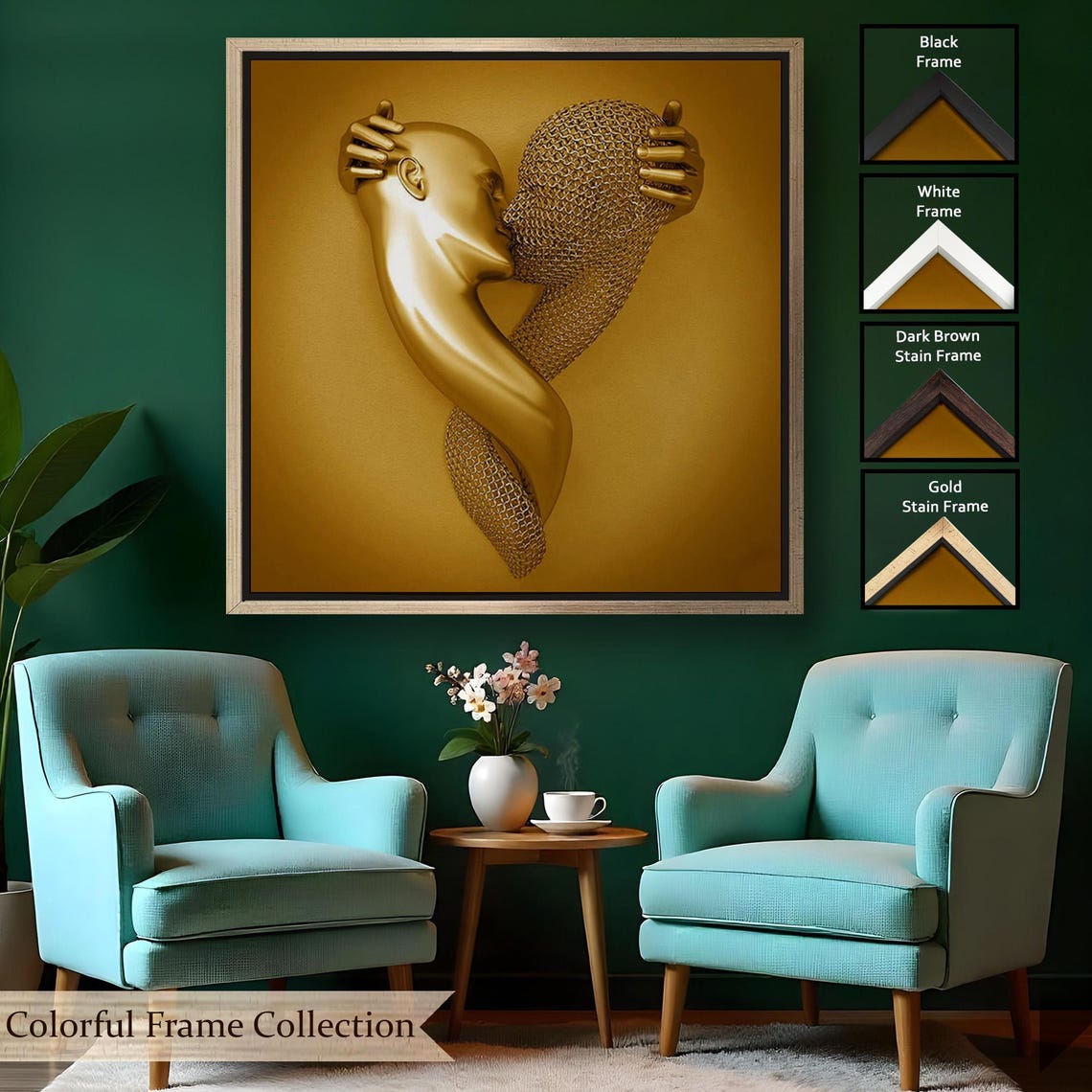 Golden Lovers Embrace 3D Effect Romantic Couple Love Art Poster - Image 2