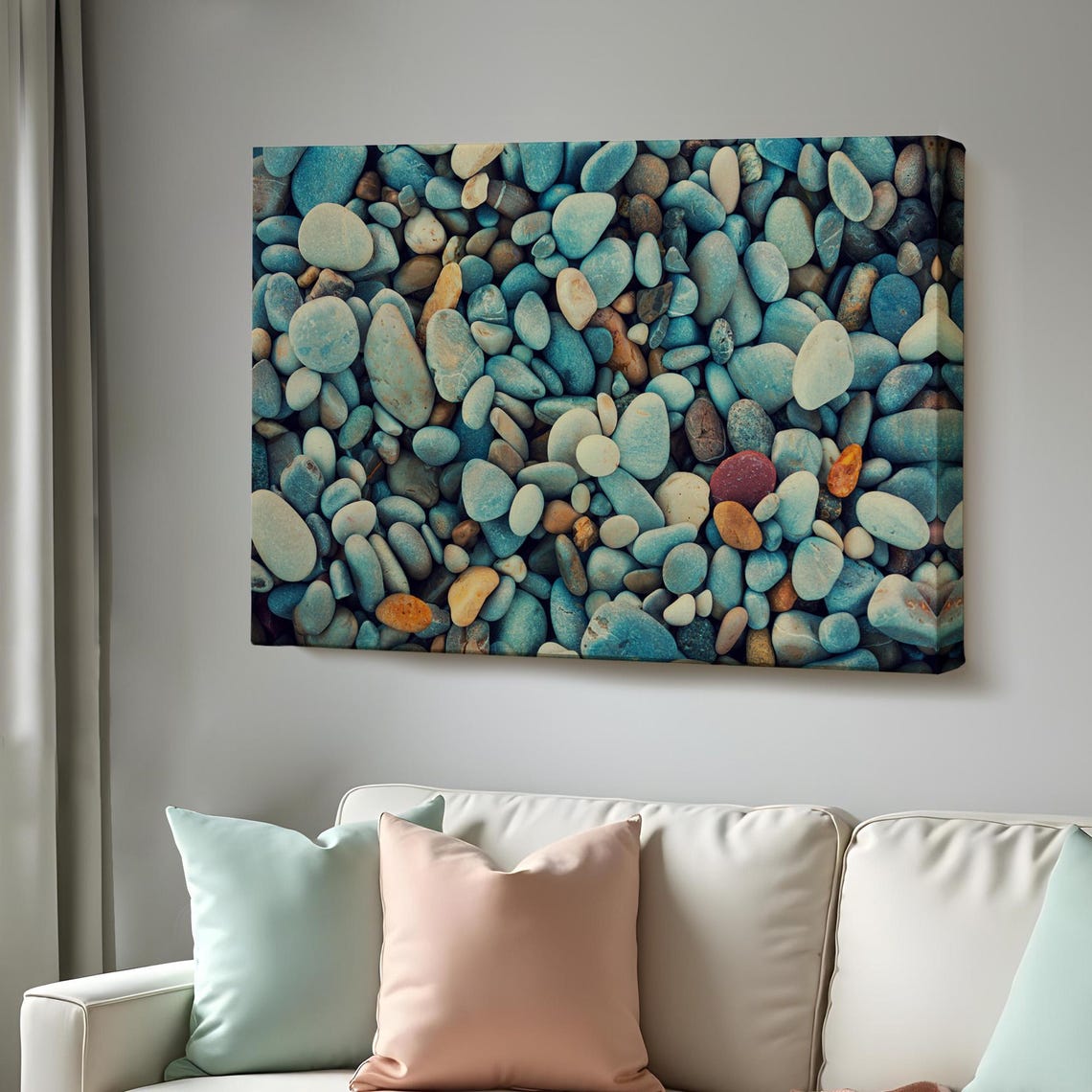 Smooth Sea Pebbles Teal Blue Gray Stones Coastal Texture Wall Art