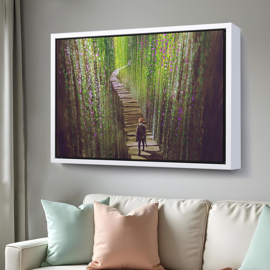 Warrior Walking Green Ivy Gorge Wooden Path Fantasy Art Poster - Image 3