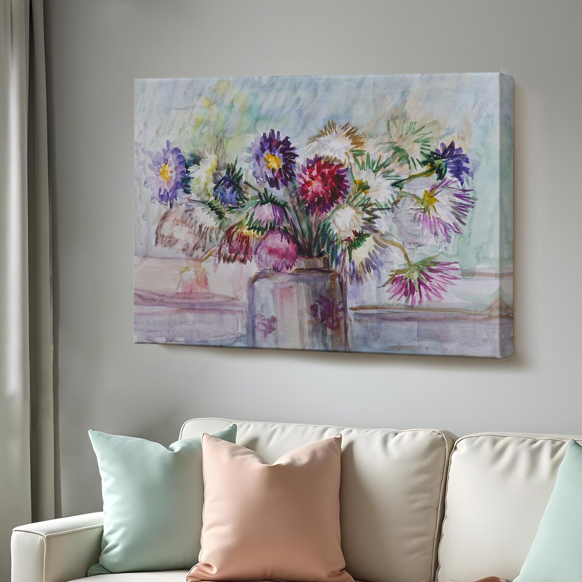 Purple Aster Bouquet Watercolor Flowers Vase Still Life Art Print