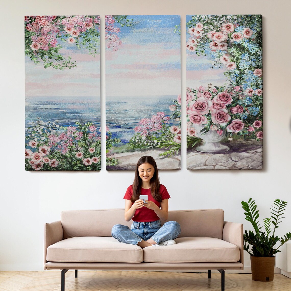 Pink Roses Blossom Sea View Terrace Watercolor Painting Poster - Image 2