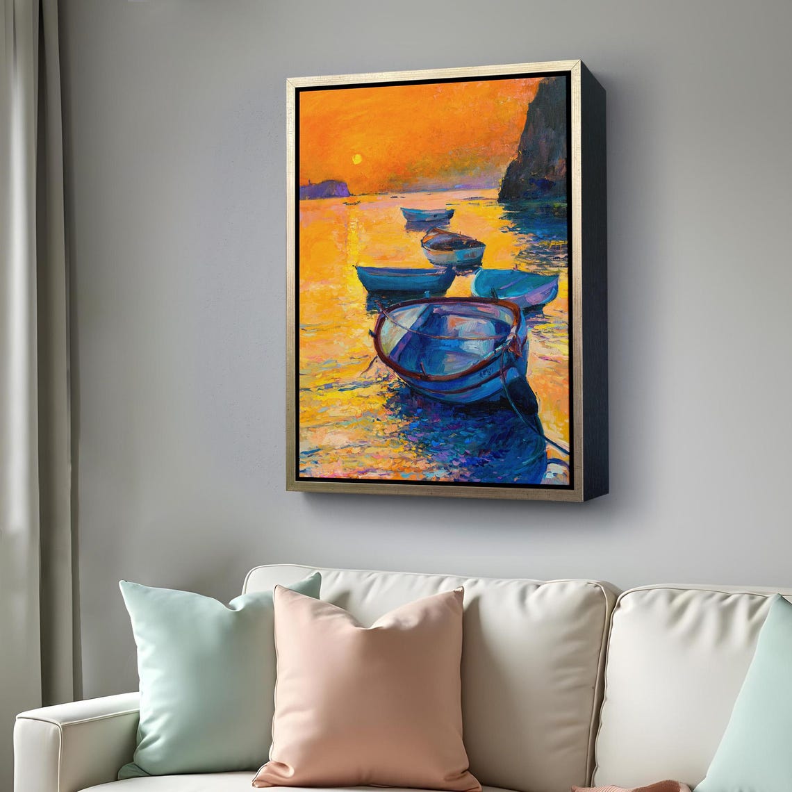 Orange Sunset Boats Floating On The Sea Impressionist Coastal Wall Art - Image 4