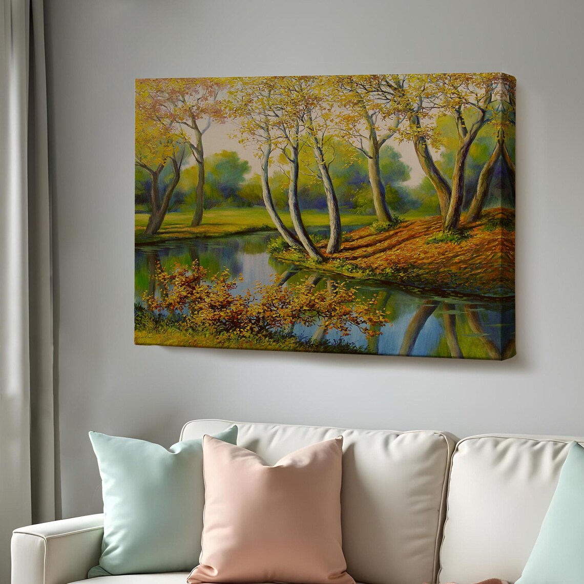 Golden Autumn Riverbend Trees Reflection Oil Painting Nature Poster
