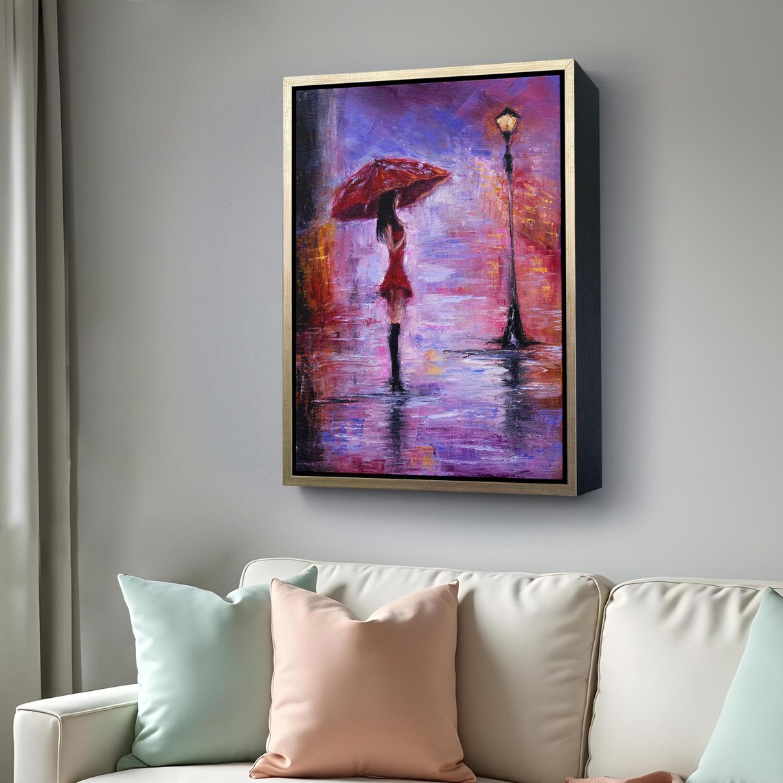 Woman with Red Umbrella Rainy Night Street Lamp Painting Poster - Image 4