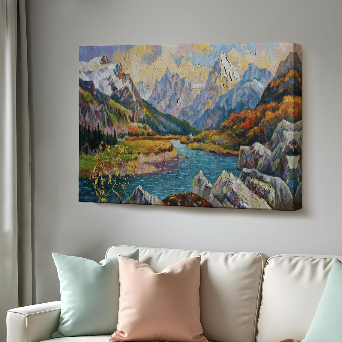 Mountain River Valley Snowy Peaks Autumn Colors Landscape Poster