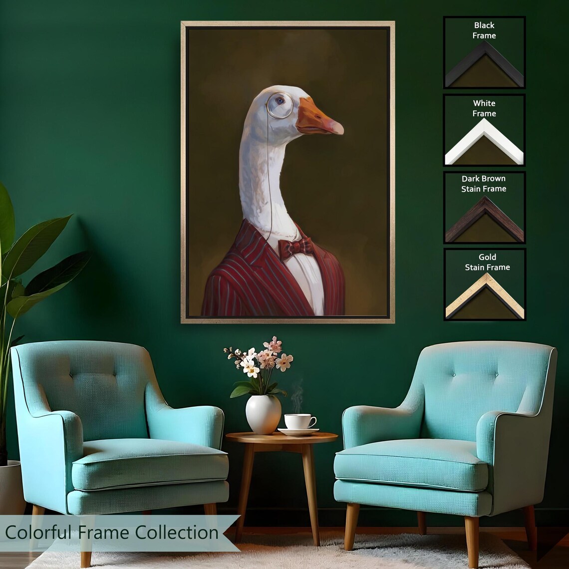 Goose In Pinstripe Suit Bow Tie Monocle Quirky Portrait Animal Poster - Image 2
