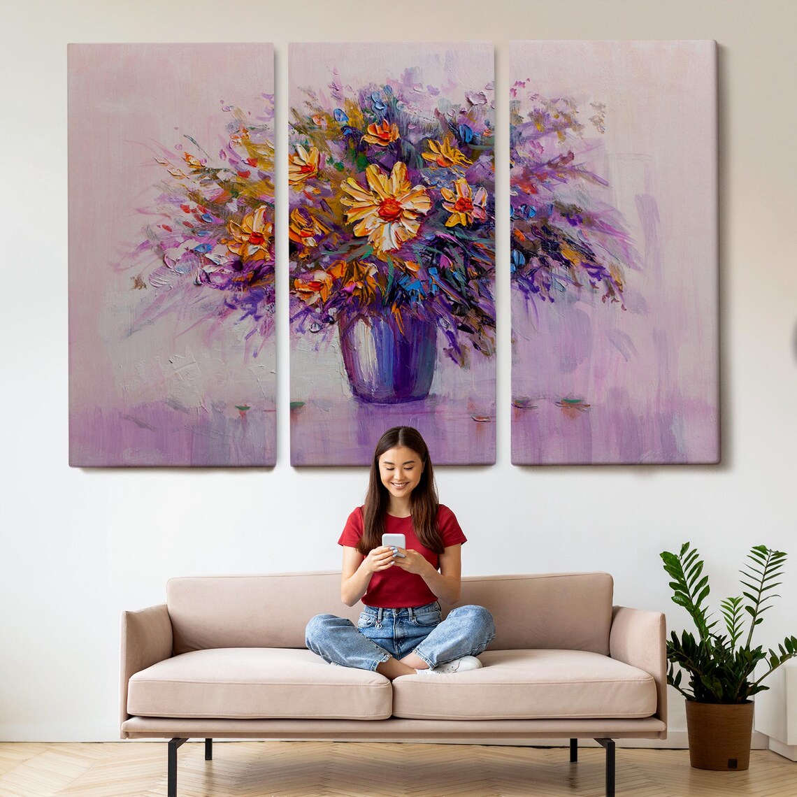 Colorful Wildflowers Blue Vase Purple Background Oil Painting Wall Art - Image 2