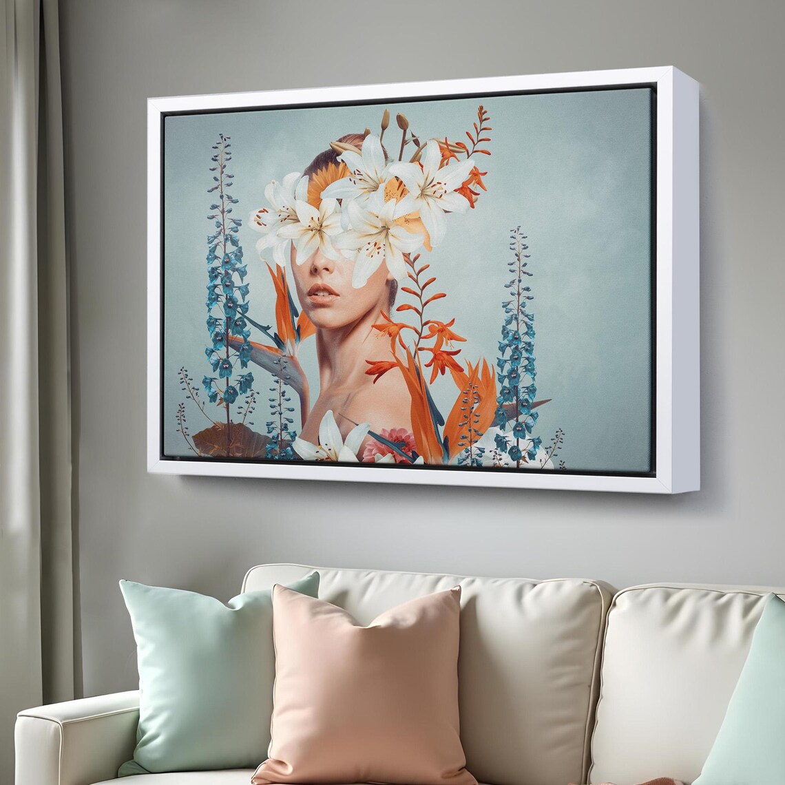 Surreal Woman Portrait White Lilies Botanical Flowers Art Poster - Image 3