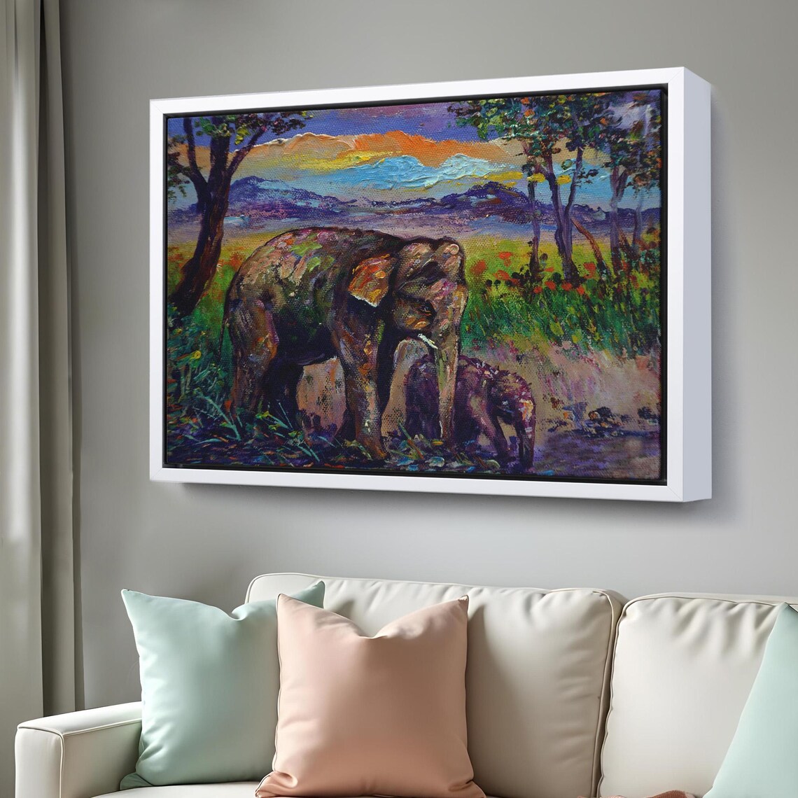 Mother And Baby Elephant Forest Sunset Colorful Wildlife Painting Poster - Image 3