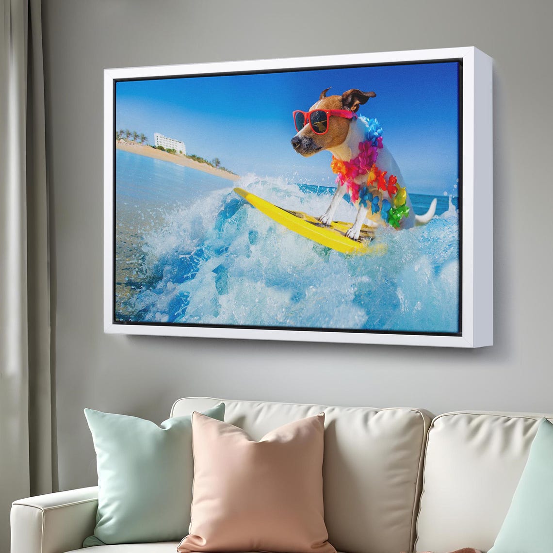 Surfing Dog Beach Waves Funny Sunglasses Lei Photography Wall Art - Image 3