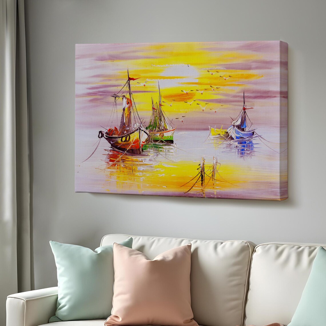 Sailboats Sunset Harbor Golden Sky Impressionist Seascape Poster