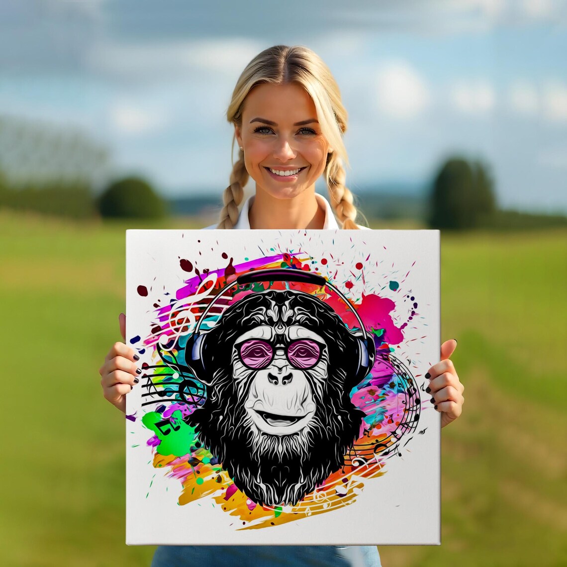 DJ Monkey With Headphones Colorful Music Notes Pop Art Animal Poster - Image 5