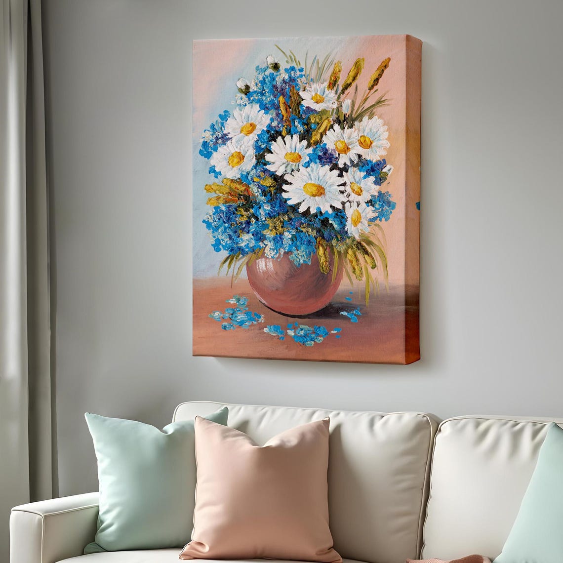 White Daisies Blue Cornflowers Terracotta Vase Still Life Art Poster